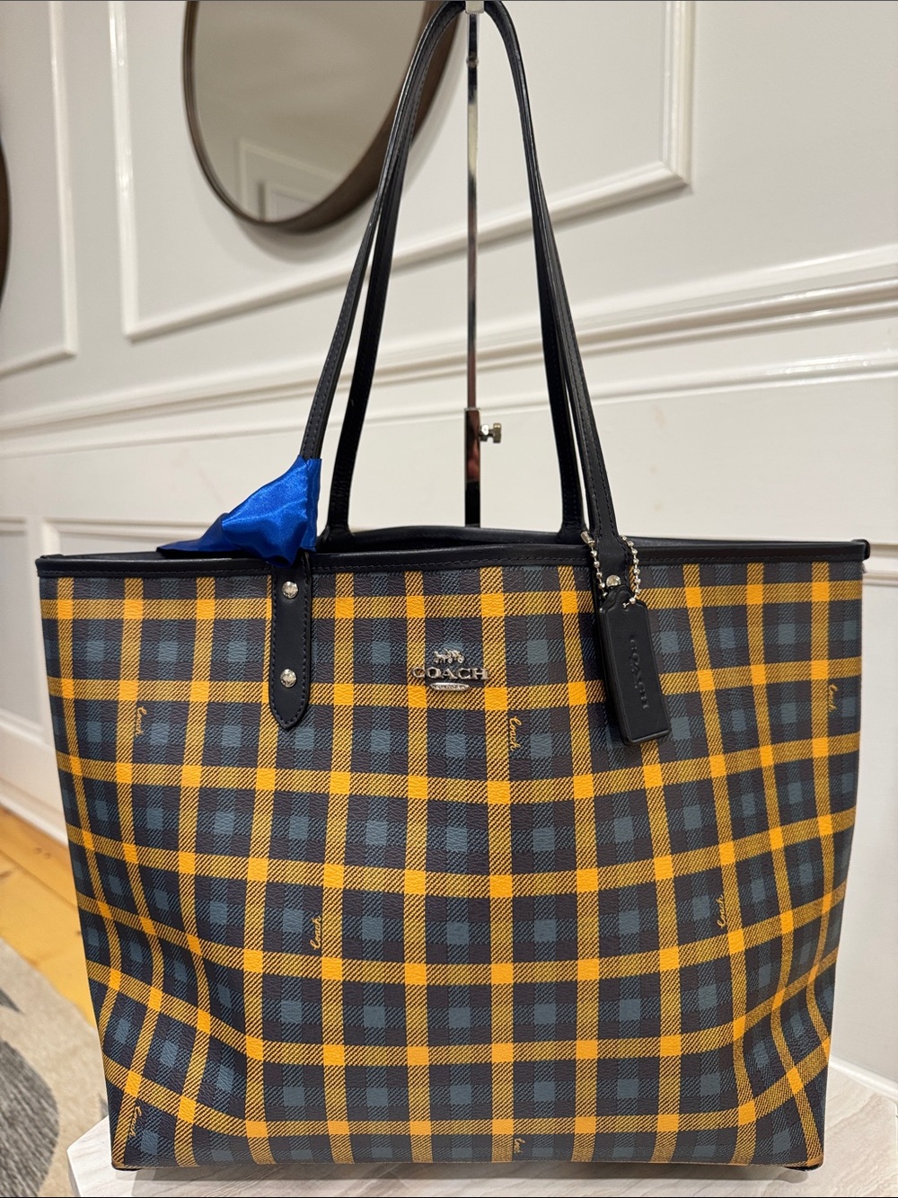 Coach Bag Reversible Plaid Checkered Yellow Blue City Tote with Removable Pouch - Picture 3 of 17